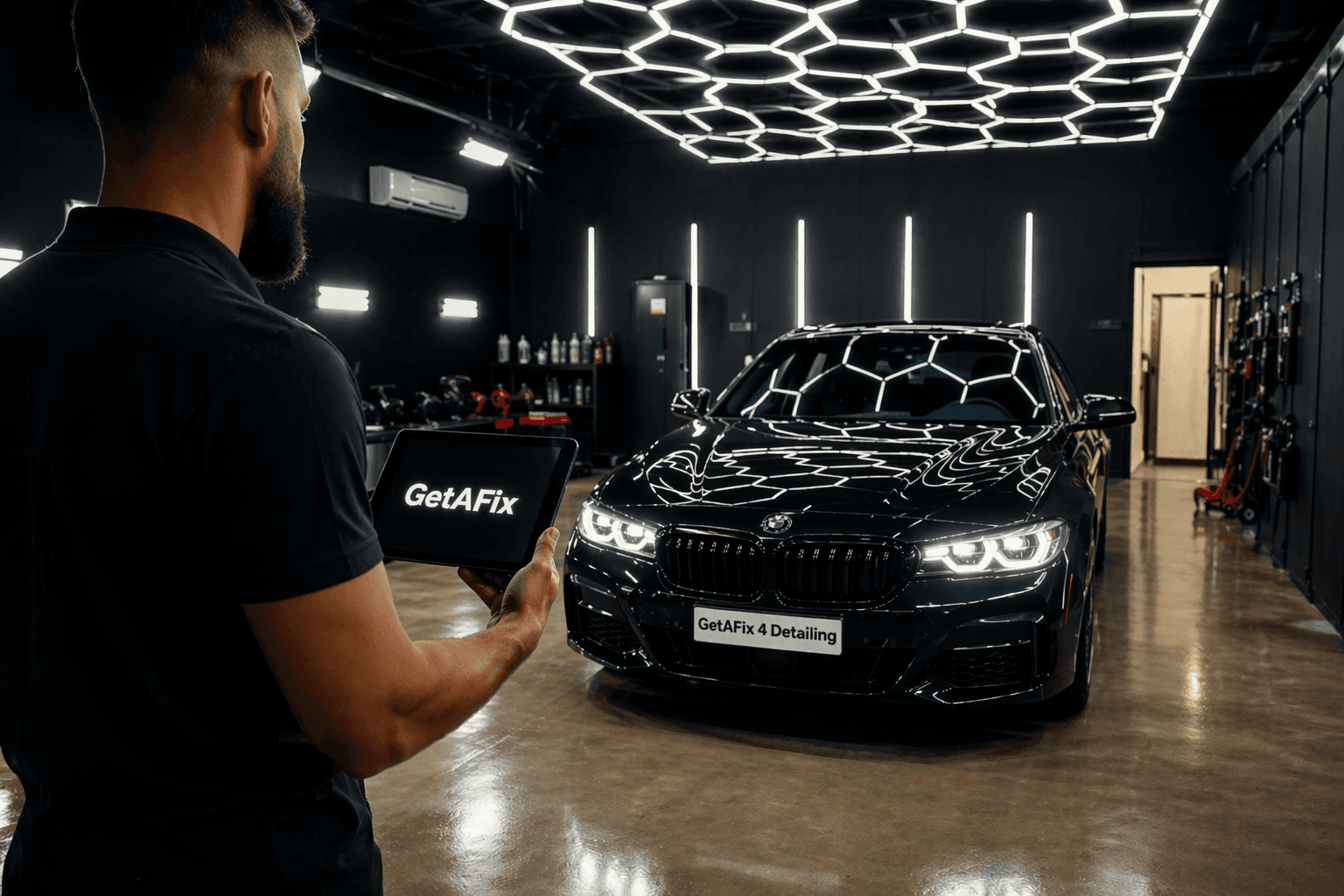 Detailer with a GetAFix tablet inspecting a black luxury sedan under honeycomb studio lights inside a premium GetAFix-powered detailing franchise store